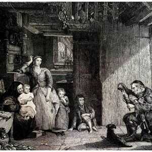 Blind Piper Steel Engraving 1859 Victorian Bard Musician Art Pipes DWY5C